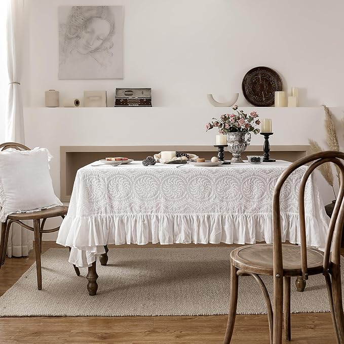 patdrea Vintage Ruffle Tablecloth for Rectangle Tables,Farmhouse Embroidered Cotton White Lace Table Cloth Cover Decor for Dining Room Wedding Banquet Thanksgiving Christmas,59"*91"