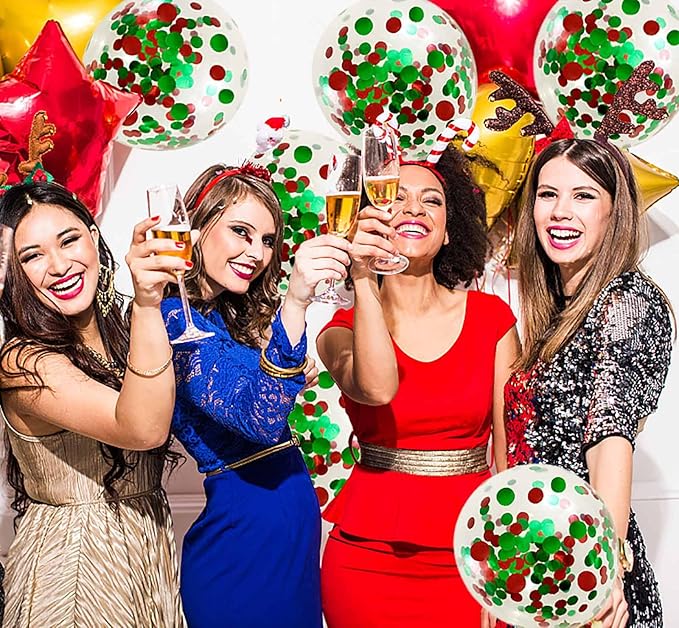 50pcs Red and Green Foil Confetti Balloons,12 inch Latex Balloon with Red Black Confetti Inside for Birthday Family Party Wedding Party Baby Shower Decoration Supplies