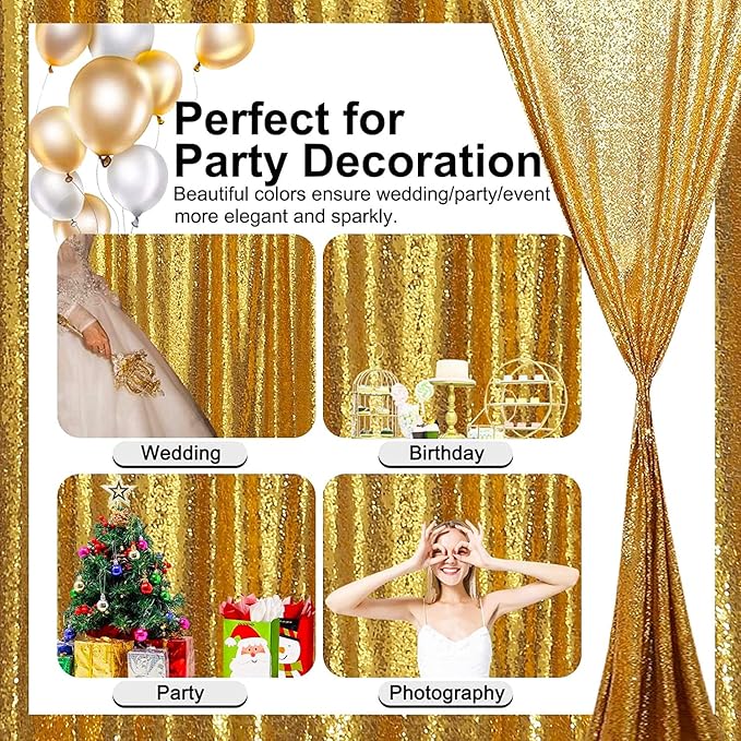 Gold Sequin Backdrop Curtains 4FT x 8FT 2 Panels Glitter Curtain Backdrop Sparkly Photography Background Drapes for Wedding Bridal Shower Christmas Festival Birthday