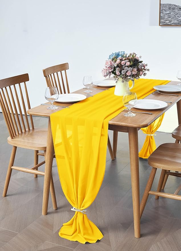 5 Pack 10Ft Chiffon Yellow Table Runner Sheer 29x120 Inch for Romantic Wedding Decor Bridal & Baby Shower Birthday Rustic Party Decoration