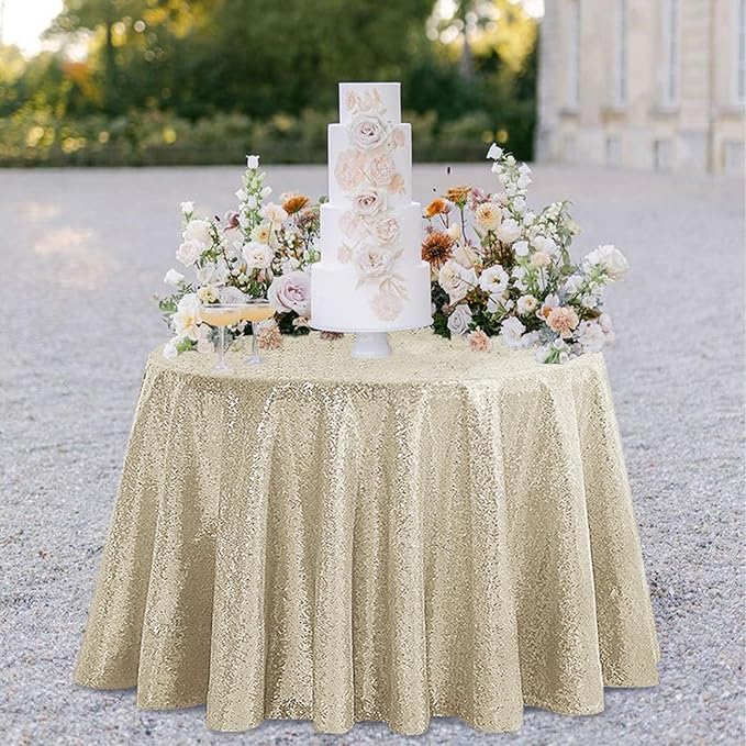 OQSQ Champagne Round Sequin Tablecloth, Glitter Tablecloth for Bridal Shower Decorations, Birthday, Wedding, Dessert, Banquet（50X50 inch Round,Champagne）