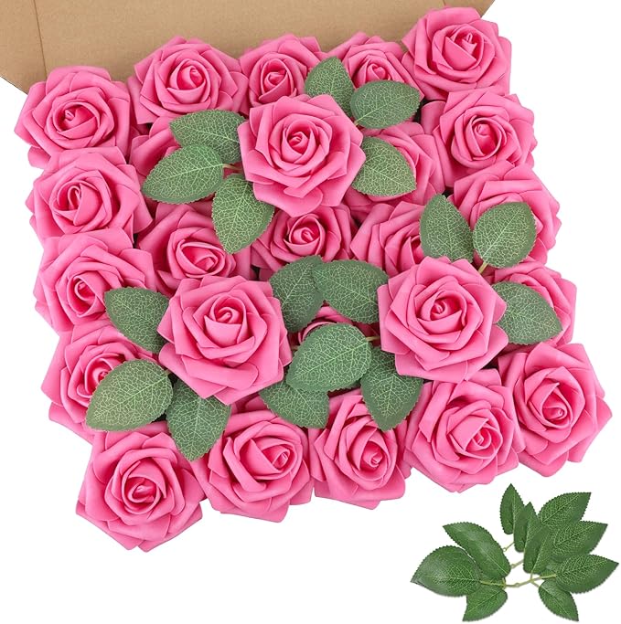 AmyHomie 25pcs Real Looking Artificial Hot Pink Roses w/Stem for DIY Wedding Bouquets Centerpieces Arrangements Party Baby Shower Home Decorations
