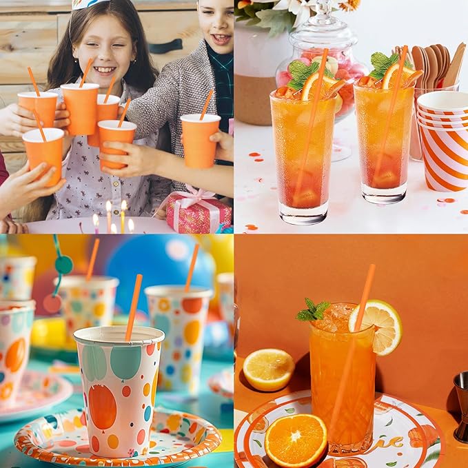 7.75 inch Solid Orange Paper Drinking Straws Unwrapped 100 Counts for Cocktail, Bar, Restaurants, Water, Juice, Soda