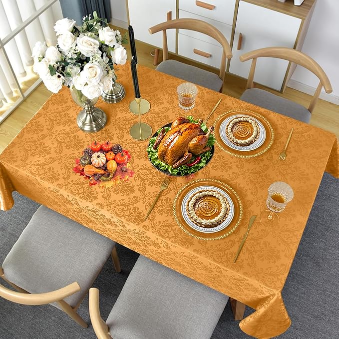 SASTYBALE Amber Rectangle Jacquard Tablecloth, Spill Wrinkle Proof Damask Table Cloth for Rectangle Tables, Rectangular Harvest Fall Inddor Outdoor Tablecloths, 52 x 70 Inch Amber