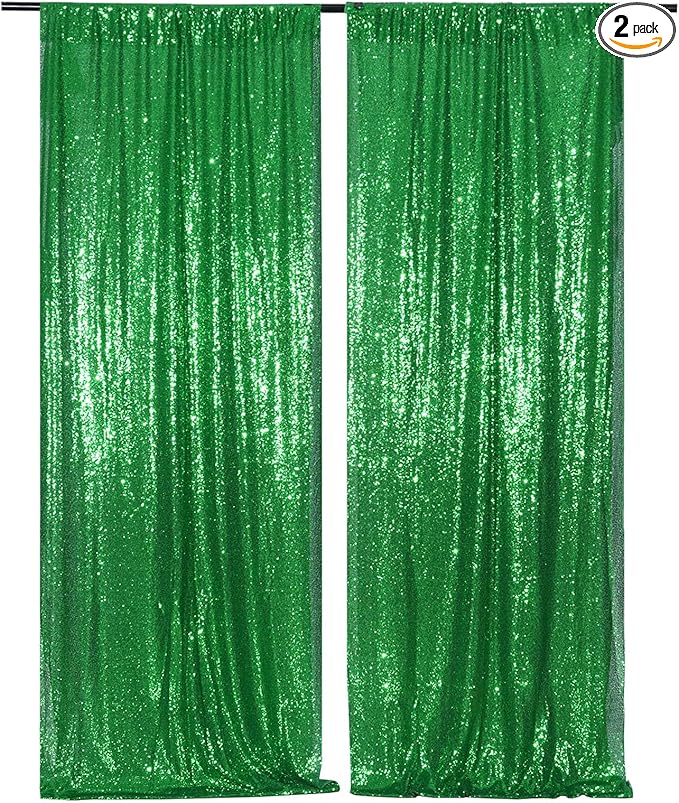 Poise3EHome 2Pcs 3Ft x 8Ft Green Sequin Backdrop Curtain, Glitter Photography Background, Sequence Xmas Thanksgiving Backdrop