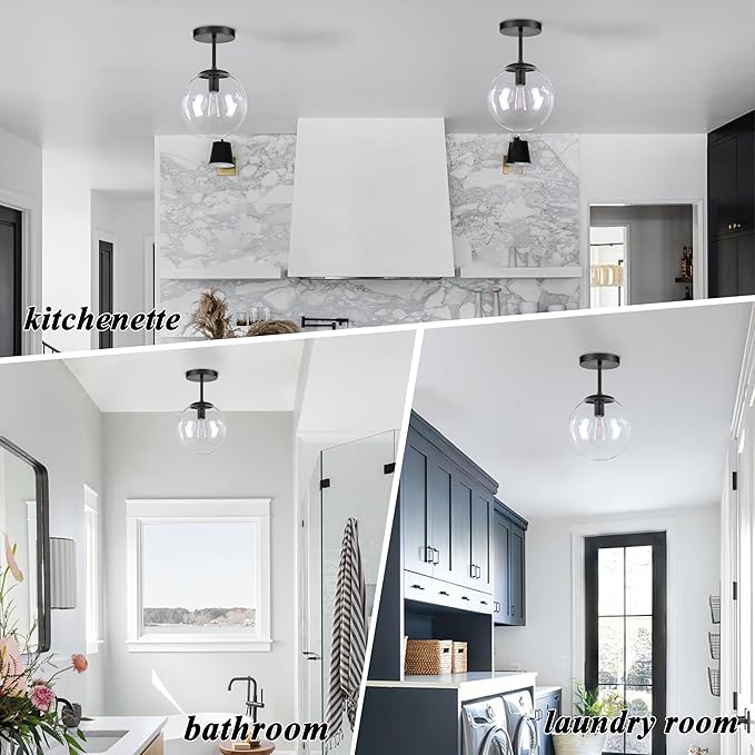 Globe Semi Flush Mount Ceiling Light, Clear Glass with Matte Black Finish, Mid Century Modern Light Fixture Ceiling, Hallway Living Room Kitchen Bedroom Storage Schoolhouse Laundry(LED Bulb Incl.)