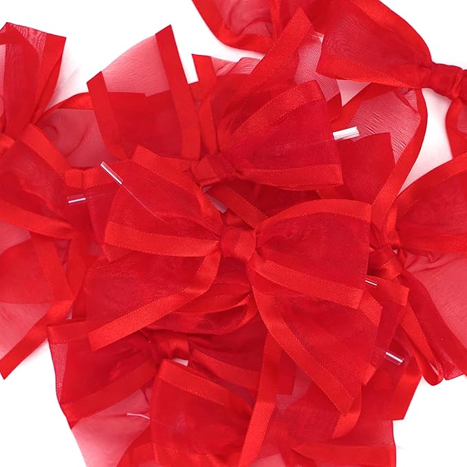 AIMUDI Red Bows for Crafts 4" Organza Bows Premade Twist Ties Bows for Gift Wrapping Crafts Treat Bags Baskets Cake Pop Baby Shower Birthday Wedding Christmas Decor - 12 Counts