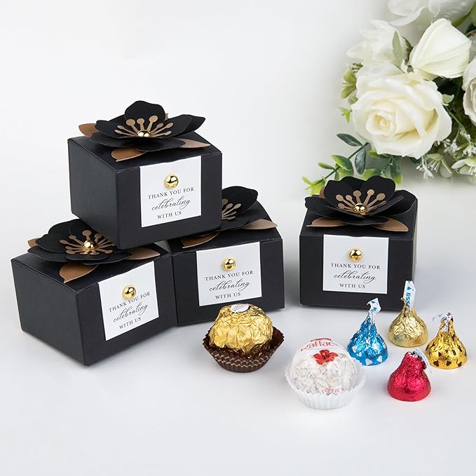 FEIYI 20 PCS Candy Boxes, 3 In 1 Black Favor Boxes with Floral Decor, White Thank You Tags Gift wrapping for Wedding Birthday Baby Shower Decorations Party -2.55x2.55x1.77''
