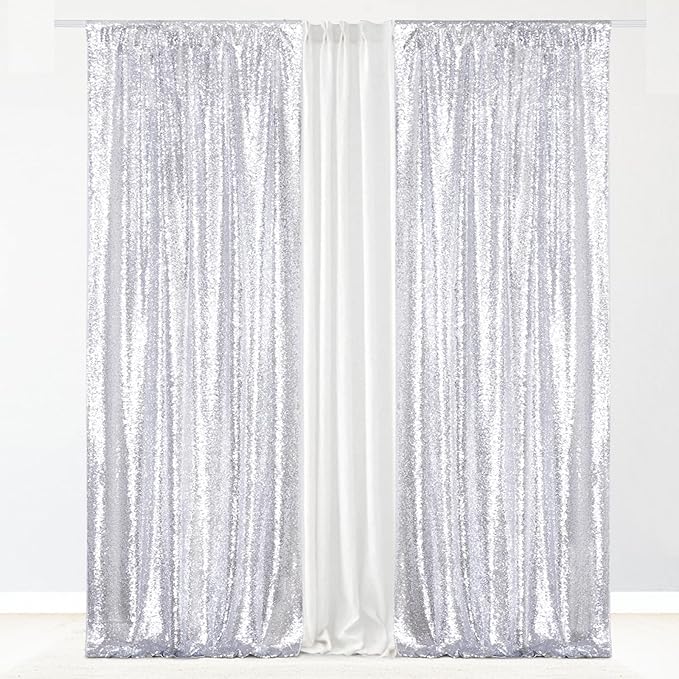 Eternal Beauty Sequin Backdrop Curtains, 2x8 Ft-2 Panels Silver Back Drop for Shimmer Photography Party Wedding Birthday Decor
