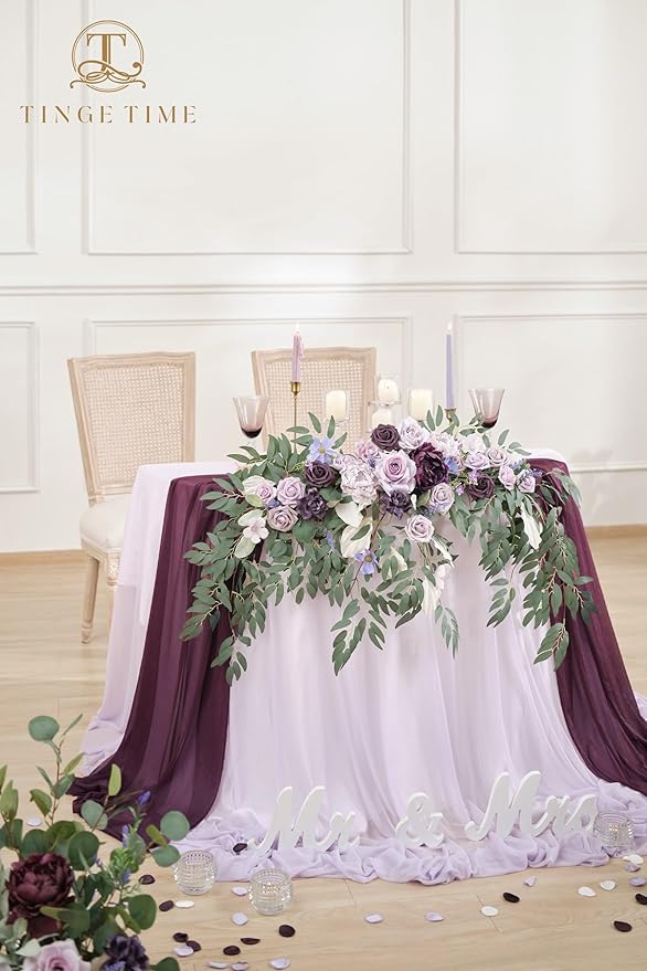 TINGE TIME Artificial Sweetheart Flower Swag with Tablecloth and Table Runner, Pack of 3 Floral Arrangement for Wedding Sweetheart Table Centerpiece Decoration (Lavender & Plum)