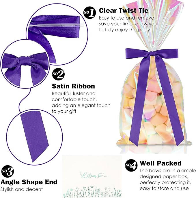 50 PCs Purple Bow Decor 5.5'' Satin Bows with Long Tail, Twist Tie Bows for Craft, Packaging Ribbon Bows, Premade Bows for Cake Decorating, Gift Bows for Treat, Wedding Favor, Party