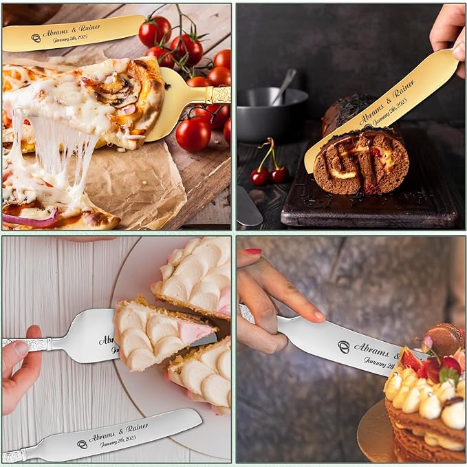 HJX Personalized Wedding Cake Knife and Server Set - Custom Name Engraved Cutting Set with Elegant Gift Box, Ideal for Bridal Wedding Anniversary Birthday Gifts (Embossed handle)