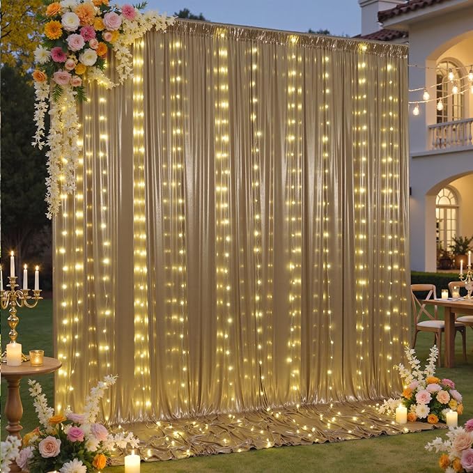 20x10 ft Champagne Sequin Backdrop Curtain with Lights for Parties, Wrinkle Free Glitter Photo Backdrop Drapes Shimmer Back Drop Cloth with Light Strings for Wedding Birthday Photography Background