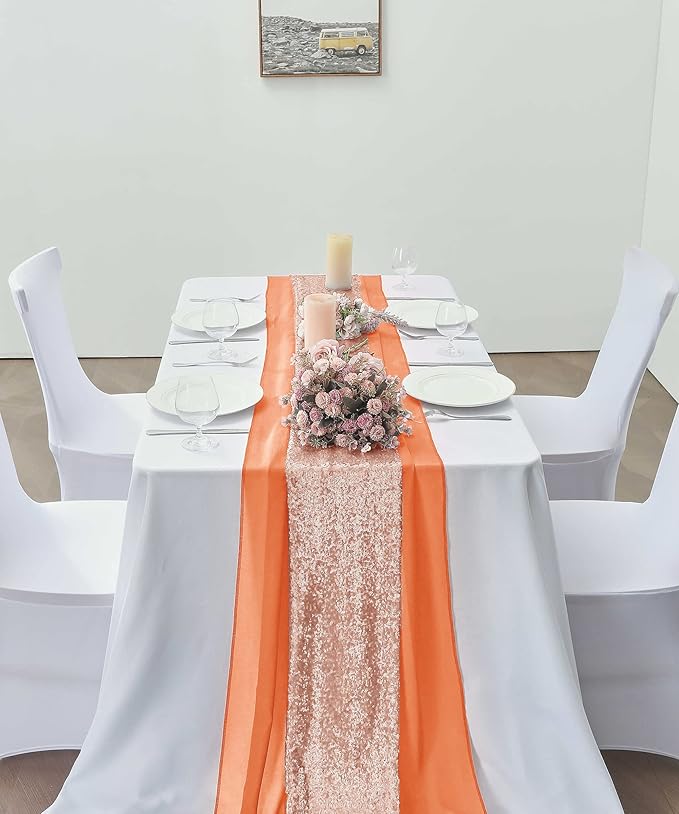 2 Pack 10Ft Chiffon Orange Table Runner Sheer 29x120 Inch for Romantic Wedding Decor Bridal & Baby Shower Birthday Rustic Party Decoration