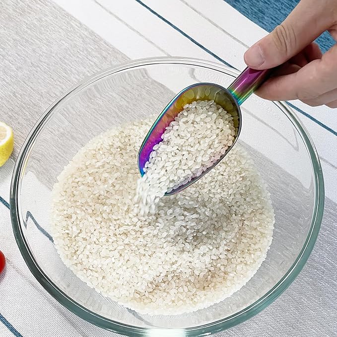 Metal Ice Scoop 3 Oz, Small Stainless Steel Ice scooper for Ice Maker Ice Bucket Kitchen Freezer Bar Party Wedding, Multipurpose for Coffee Bean,Flour Scoop,Dog Food Scoop (3 OZ-Rainbow)