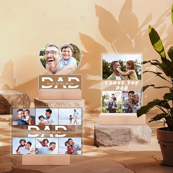 Personalized Photo Gifts for Dad from Daughter and Son, Personalized Picture Frame with Night Light, Custom Acrylic Plaque Photo Frame, Customized Dad Birthday Gifts for Baby Kids Family