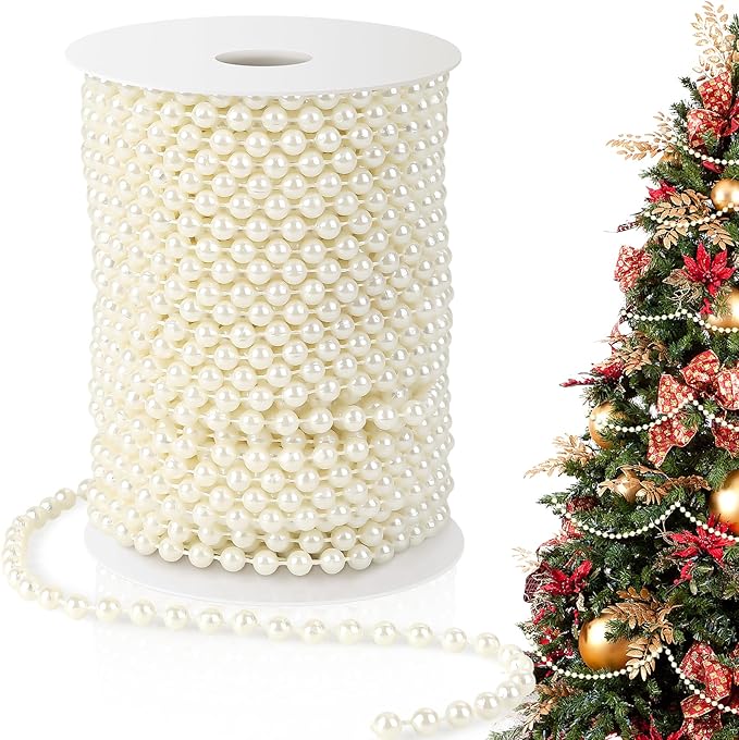 Pearl Beads Garland, 6 MM Ivory Faux String of Pearls 82FT Pearl Garland for Christmas Tree Pearls Beads Strand Spool Bead Roll for Crafts Floral Centerpieces Wedding Party Christmas Tree Decorations