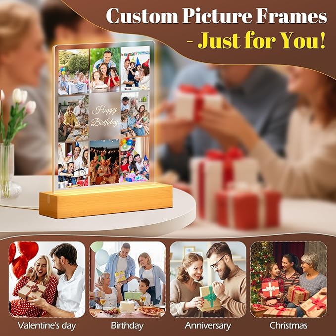 Custom Picture Frames with Photo, Personalized Collage Photo Frame with Night Light, Customized Picture Frame, Personalized Birthday Gifts for Women, Men, Him, Her, Mom, Dad, Family