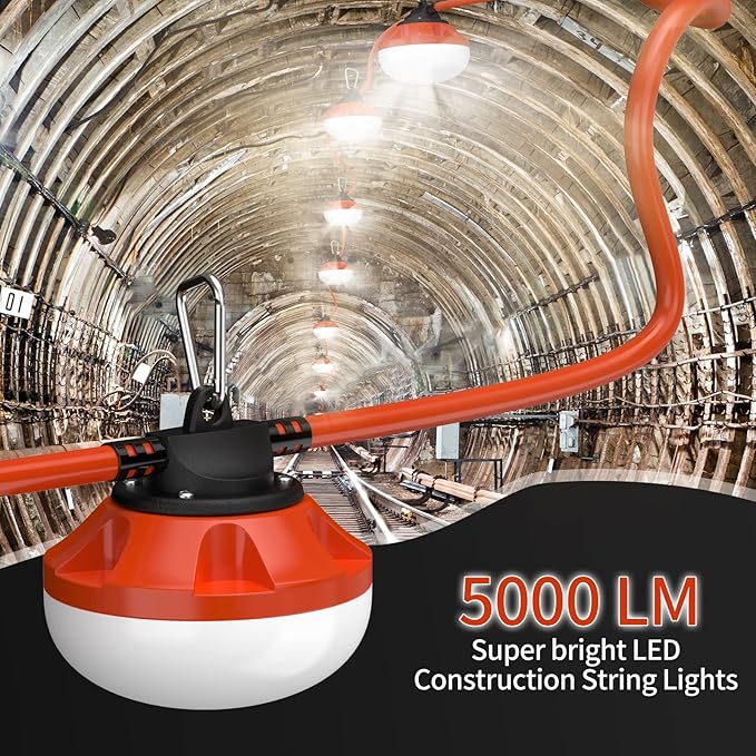 50FT LED Construction String Lights Temporary Lighting 5000LM Outdoor Construction Temporary Work Lights Super Bright,5 Medium Base Sockets Linkable Job Site Lighting Led Work Lights