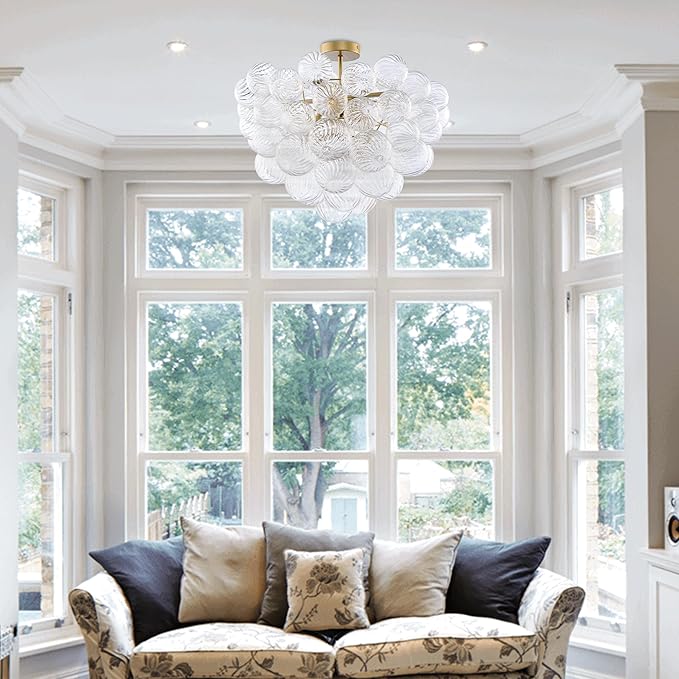 Nordic Bubble Ball Swirled Glass Ceiling Lights Fixture, Dia 24 inch Gild Brass and Clear Blown Glass Small Chandelier for Bedroom Study Bathroom