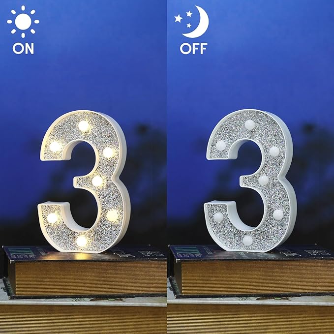 Marquee Light Letters for Table Decorations, Glitter Light Up Signs for Prom, Events, or Engagement Party Decor, Featuring Alphabet & Number Lighted Letters, Number 3