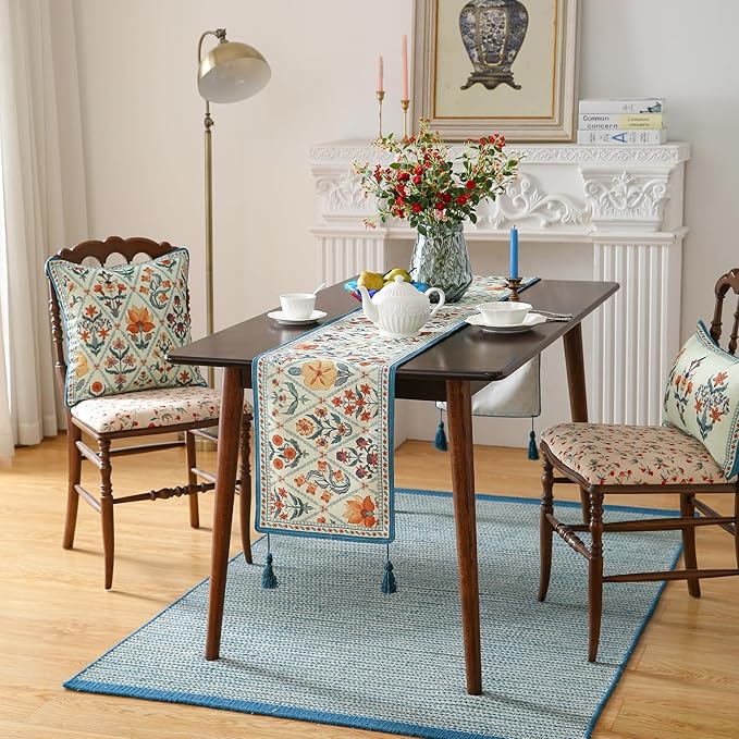 ISAENNE Designer Bohemian Elegant Linen Extra Long Table Runner 118 Inches,Colorful Flower Pattern Table Runners for Dining Tables,Thanksgiving,Kitchen Tables,Christmas,12"*118"-Floralsea A