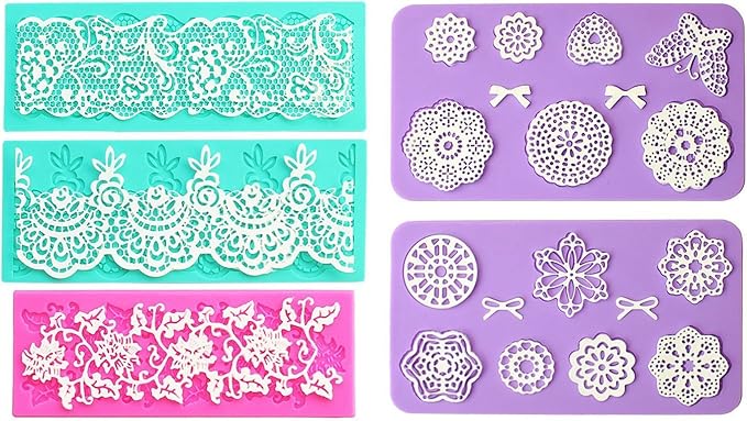 Embossing Lace Fondant Moulds, Multi Circle Flowers Lace Mat Wedding Cake Decoration Tool, Rattan Shaped Cupcake Mat Silicone Molds set of 5