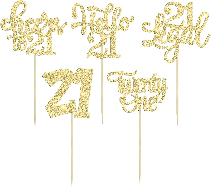 30Pcs 21st Birthday Cupcake Toppers: 21 Legal Cupcake Picks, Cheers to 21 Years Old Cake Decorations for 21st Birthday Anniversary Party Supplies - Gold Glitter