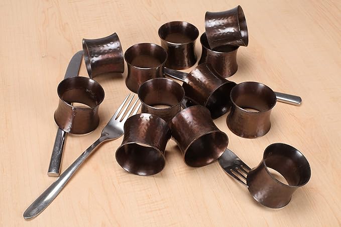 Drum Napkin Rings Set of 12 - Heavy Duty Napkin Holders, Hammered Napkin Rings Bulk for Party Decoration, Dinning Table, Everyday, Family Gatherings (Bronze) - ALPHA Living HOME