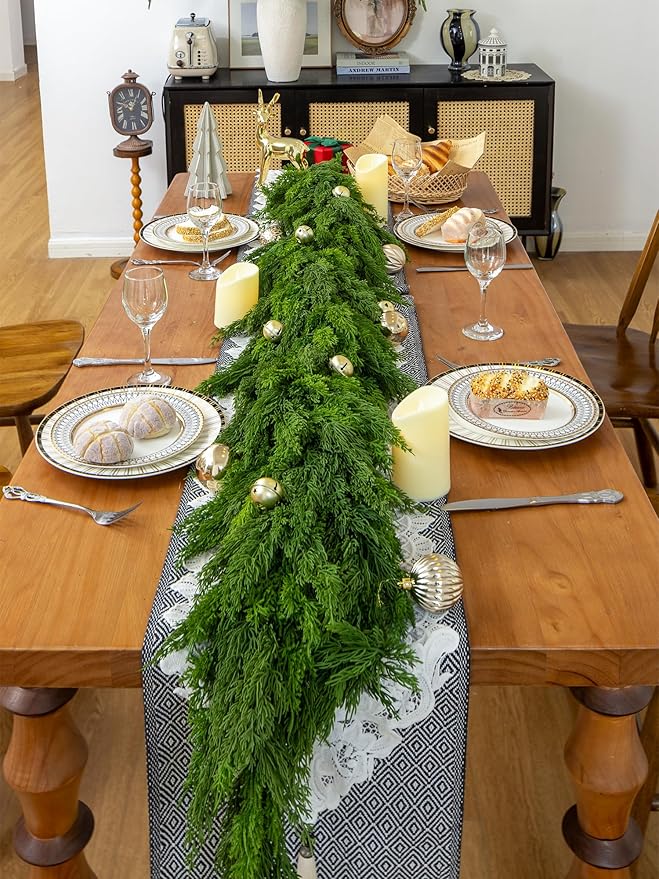 6FT Extra Full Christmas Garland Faux Cypress Pine Cedar Garland Realistic for Mantle Fireplace Stairs Table Wall Door Indoor Outdoor Christmas Xmas Decor Decorations