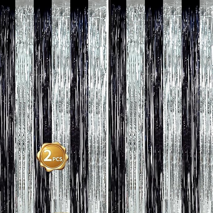 BEISHIDA 2Pcs Black Silver Door Streamers Congrats Grade 2025 Decoration Backdrop Foil Fringe Tinsel Party Streamers Curtains for Birthday Graduation Bachelorette Party Decoations (3.28 ft x 6.56 ft)
