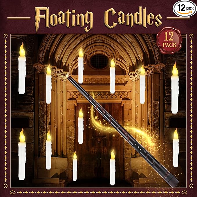 Halloween Decorations, Floating Candles with Magic Wand & 6H Timer Function,12 PCS Hanging Battery Operated Flickering Flameless Candles for Halloween Decor, Chrismas Party, Birthday, Wedding, Church