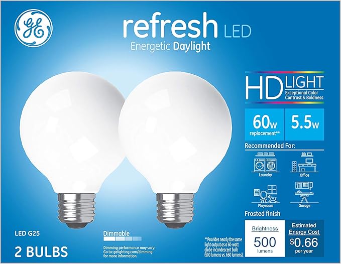GE Refresh LED Light Bulbs, 60 Watt, Daylight, G25 Globe Bulbs, Medium Base (2 Pack)