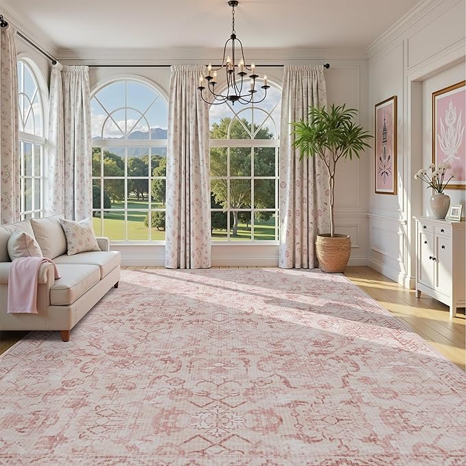Pink Extra Large Area Rug 10x14 for Living Room, Distressed Washable Rug for Dining Room Bedroom, Anti-Slip Low-Pile and Soft Accent Rug Farmhouse Office Home Decor