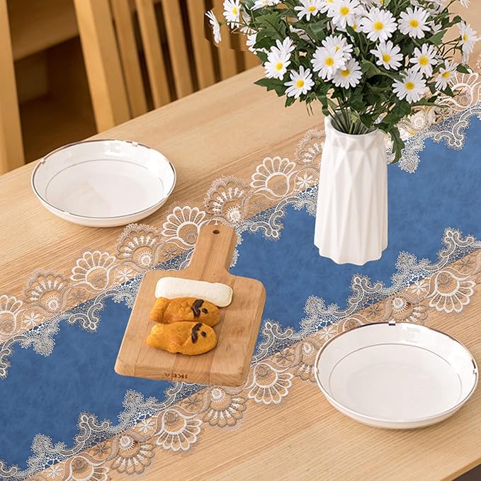 Vintage Lace Dining Table Runner, Small Macrame Coffee Table Runners 48 inches Long for Kitchen Home Christmas Party Decorations (16x48 inch, Blue)