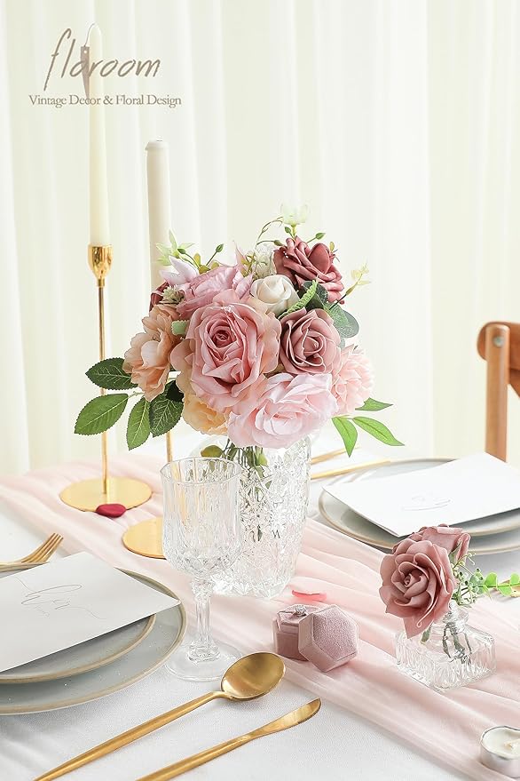 Floroom Dusty Rose Artificial Flowers Fake Roses Peonies and Greenery Combo Box Set for DIY Wedding Bouquets Bridal Shower Centerpieces Floral Arrangements Party Tables Home Decorations