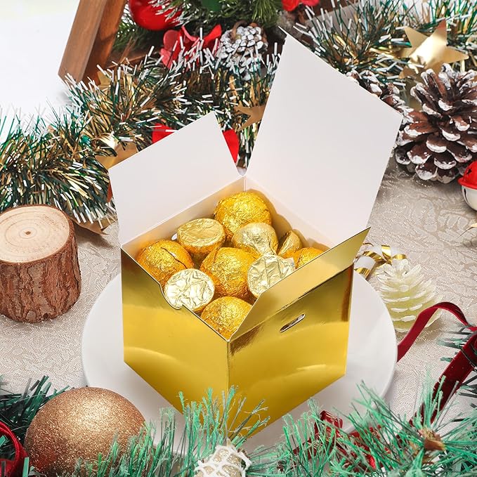 DOYIDE Small Gift Boxes, 60 Pcs 4x4x4 Inch Gold Elegant Paper Box with Ribbons, Party Favor Boxes for Candy Cupcake Christmas Wedding Baby Shower Bridesmaids Birthday