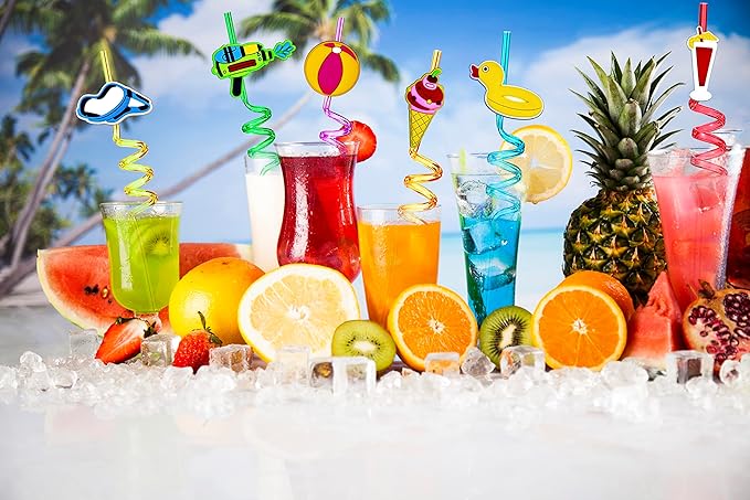 24 Pieces Beach Theme Reusable Shape Straws, Drink Straws Beach Ball Pool Summer Birthday Party Favor Decorations with 2 Cleaning Brushes 8 Color Straws