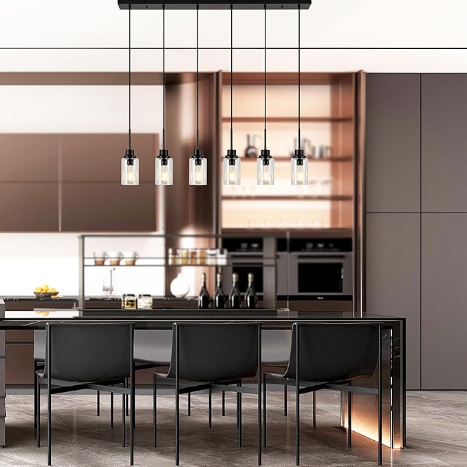 6 Lights Island Lights for Kitchen Modern Industrial Black Linear Chandeliers with Clear Glass Shade for Dining Room Kitchen Long Finish Ceiling Lighting Fixtures