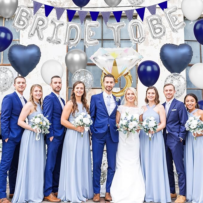 Blue Silver Bachelorette Party Decorations, Silver Bride To Be Bridal Shower Balloons Decoration, Navy Blue White Silver Balloon and Diamond Ring Blue Heart Balloon for Bachelorette Engagement Wedding