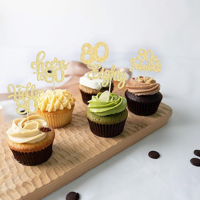 Gyufise 30Pcs Happy 80th Birthday Cake Topper, Gold, for Birthday Anniversary Party Decorations