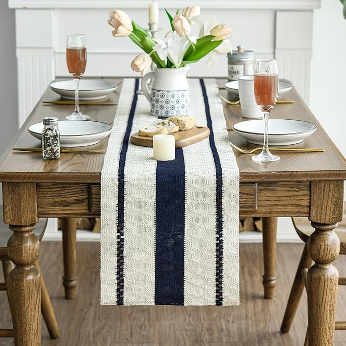Artoid Mode Dark Blue Farmhouse Woven Rustic Table Runner, Seasonal Holiday Hollow Kitchen Dining Table Decoration for Home Party Decor 12x90 Inch