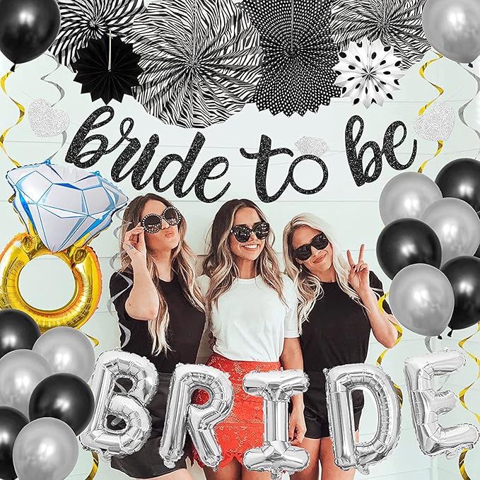 Black Silver Party Decorations - Bridal Shower Decorations Set Bachelorette Party Supplies with Bride to Be Banner,Bride Foil Balloon,Diamond Ring Foil Balloon,Paper Fan Hanging Swirl