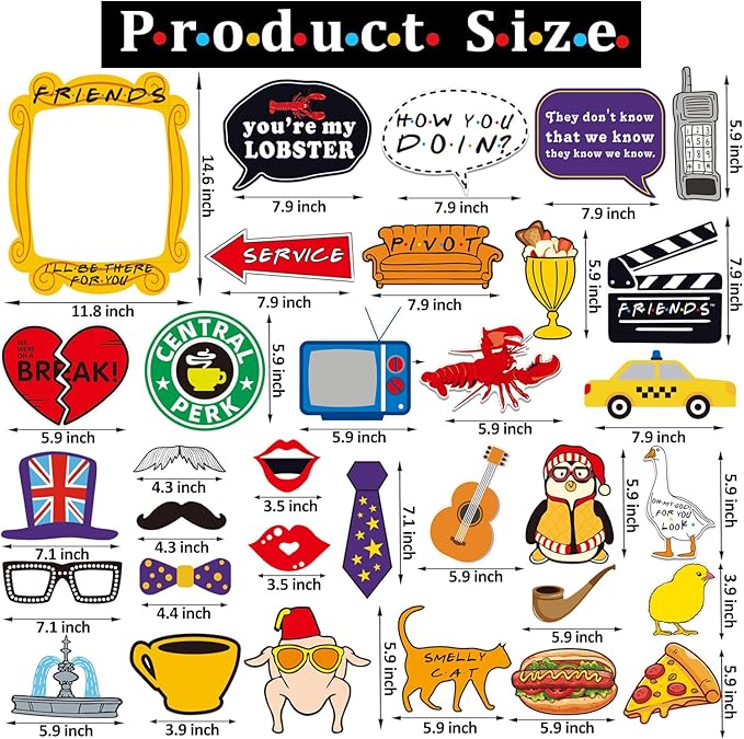 35pcs Friends Themed Party Photo Booth Props, Friends Selfie Frame with Friends TV Show Party Photo Props, Friends Themed Birthday Bachelorette Party Decorations Friends Party Supplies