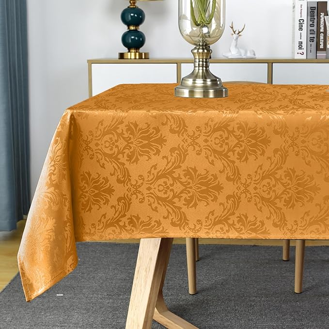 SASTYBALE Amber Rectangle Jacquard Tablecloth, Spill Wrinkle Proof Damask Table Cloth for Rectangle Tables, Rectangular Harvest Fall Inddor Outdoor Tablecloths, 60x 84 Inch Amber