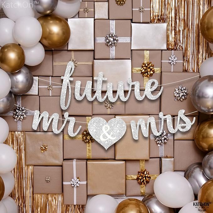 KatchOn, Silver Glitter Future Mr & Mrs Banner - 10 Feet, Pre-Strung, No DIY | Future Mr and Mrs Banner | Engagement Party Decorations | Bachelorette Party Decorations, Bridal Shower Decorations