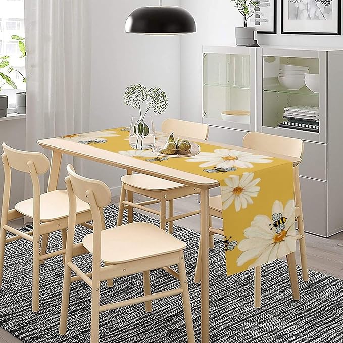 Daisy Flower Table Runner, Summer Spring Seasonal Watercolor Wildflower Yellow Bee Print Table Cover for Home Party Decor Kitchen Dining Table, 13x108inch