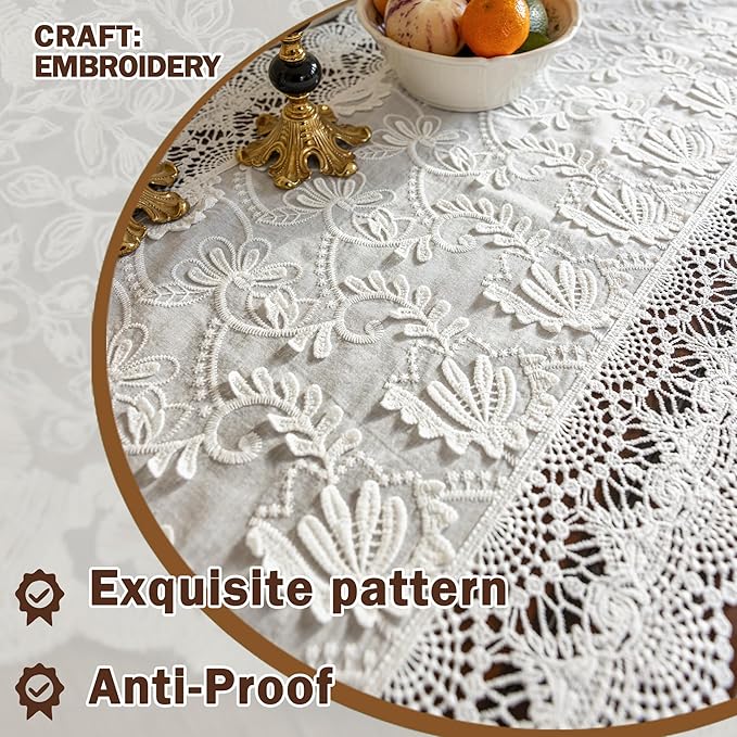 White Elegant Vintage Lace Table Runner,Wedding Lace Decor with Floral Embroidery,Tea Party Decor (White, 13.8X86 Inches)