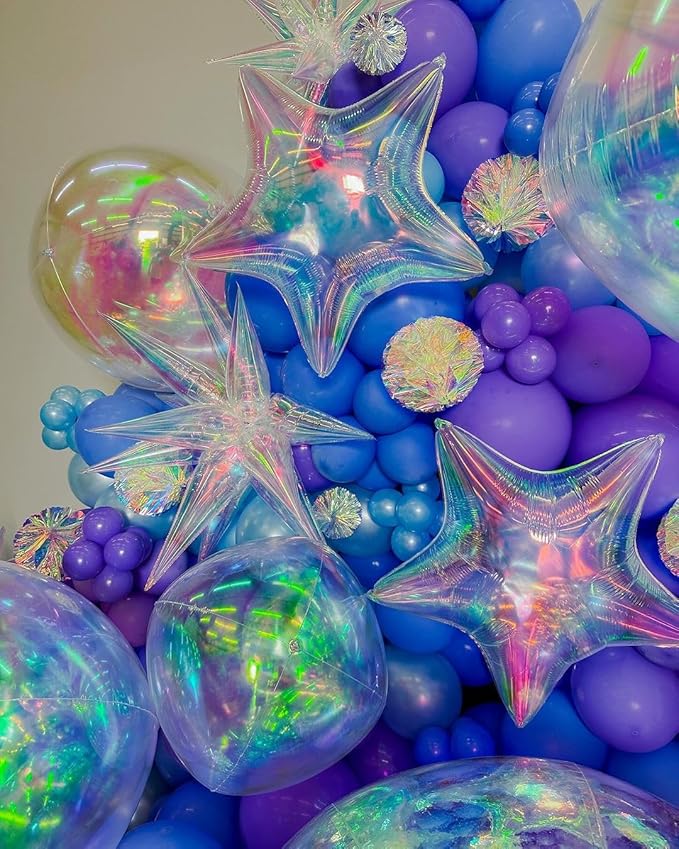 3pcs 26inch 3D iridescent Laser transparency(colorful) Explosion Star foil balloon, iridescent transparency Foil Cone Star burst Balloons for Birthday Wedding New Year Party Event
