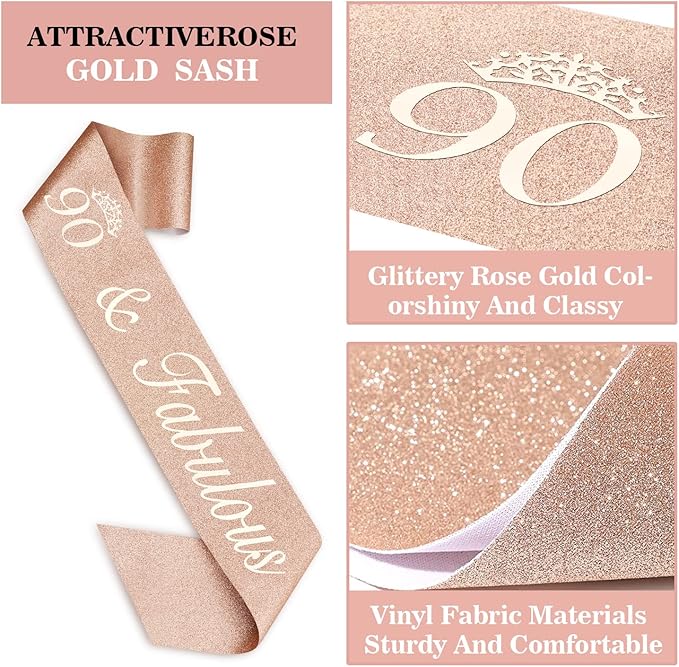 90th Birthday Decorations Women, Including Crown/Tiara, Sash, Cake Topper and Candles, Happy 90th Birthday Decorations for Women